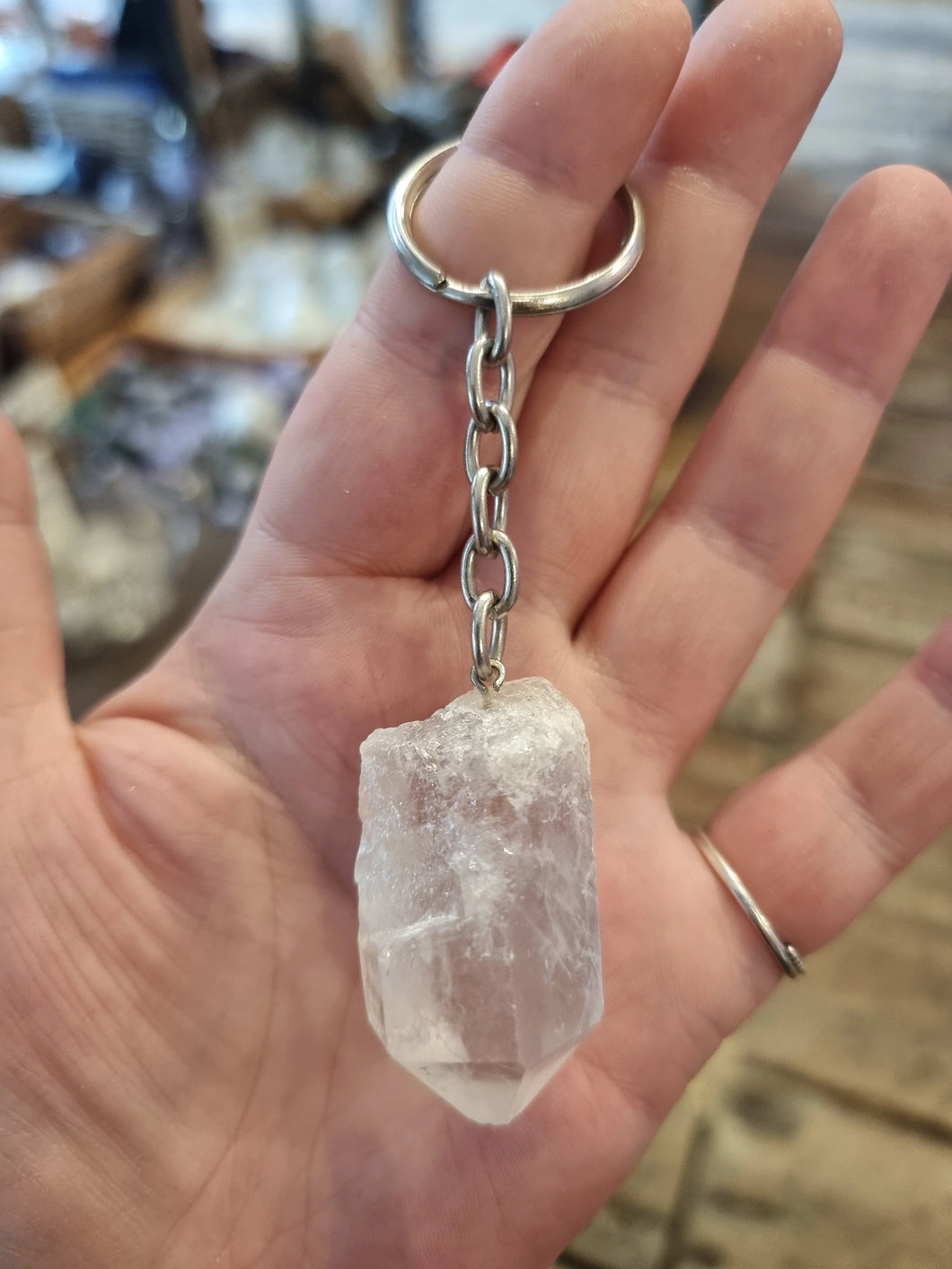 raw clear quartz keyring